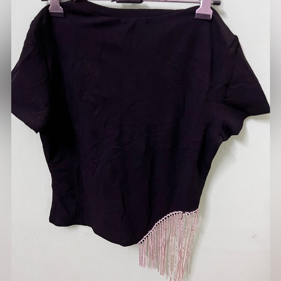 Voila Cut Out Rhinestone Fringe Trim Crop Tee - Picture 6 of 8